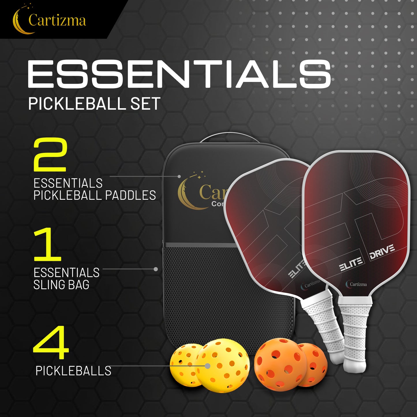 CARTIZMA Pickleball Paddlese Elite Drive Carbon Fiber Graphite Core Ergonomic Design 2 Pack