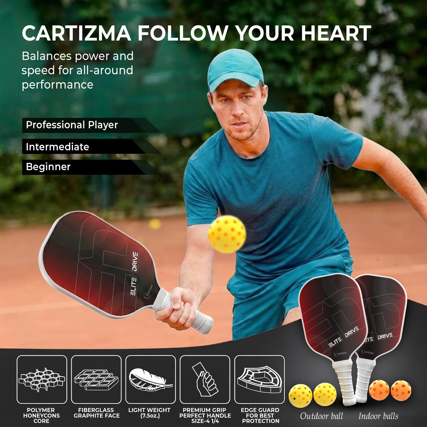 CARTIZMA Pickleball Paddlese Elite Drive Carbon Fiber Graphite Core Ergonomic Design 2 Pack