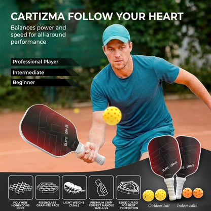 CARTIZMA Pickleball Paddlese Elite Drive Carbon Fiber Graphite Core Ergonomic Design 2 Pack